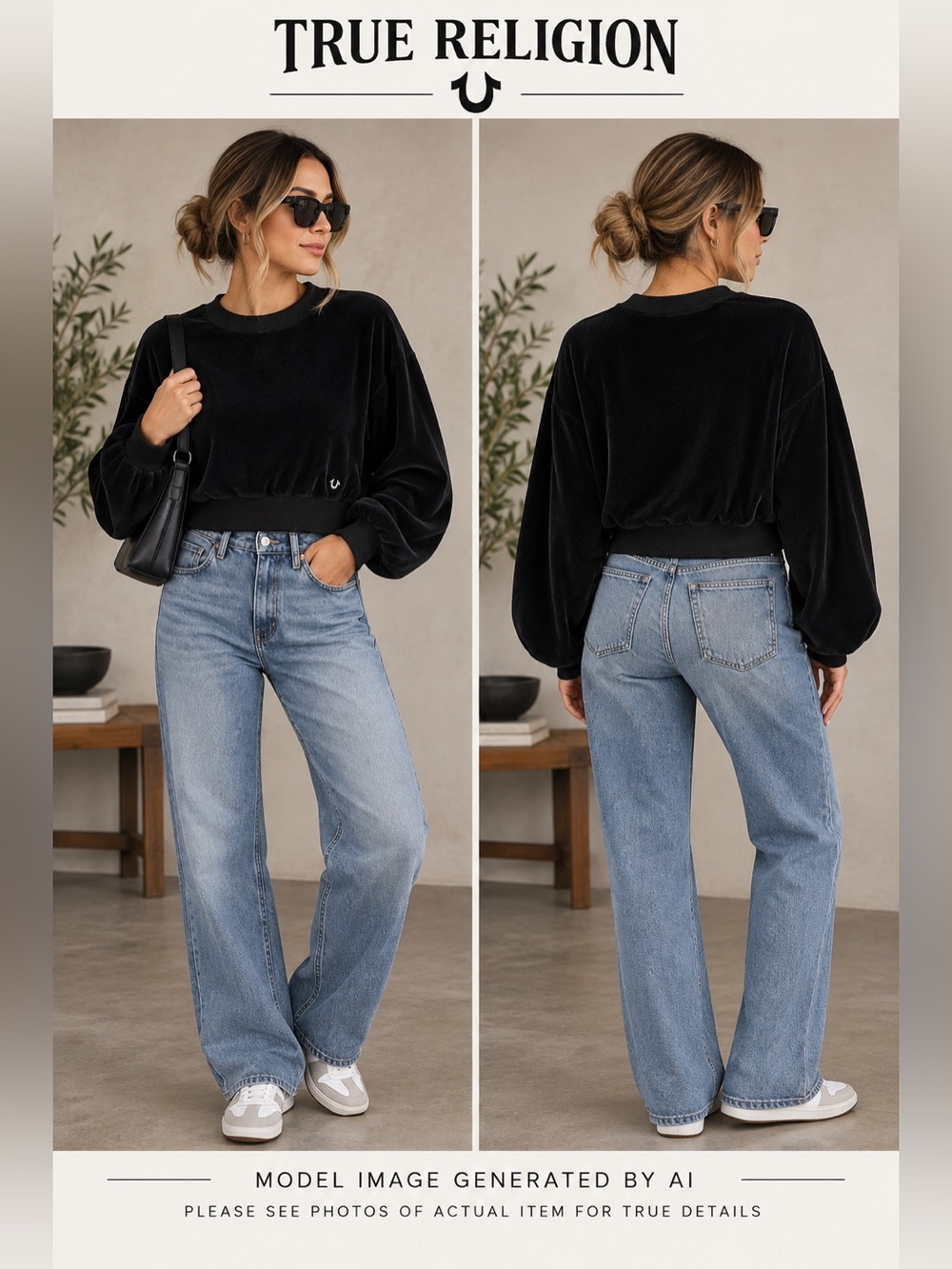 True Religion Velour Crew Pullover Medium Cropped Balloon Sleeve Y2K Luxe Street